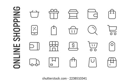 Vector set of online shopping thin line icons. Design of 20 stroke pictograms. Signs of online shopping isolated on a white background.