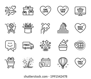 Vector set of Only you, One love and Surprise boxes line icons set. Air balloon, Free delivery and Fireworks icons. Love her, Honeymoon travel and Puzzle signs. Only you web symbol. Vector