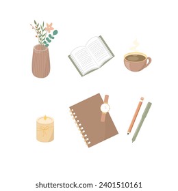 Vector set of open book, notebook or diary, candle, pen, pencil and cup of tea, coffee, vase with flowers, watch. Composition of education, study, lifestyle girls. Flat style.