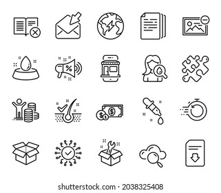 Vector set of Open box, Electricity and Fast recovery line icons set. Cloud computing, Spanner and Budget profit icons. Reject book, Dollar money and Puzzle signs. Open box web symbol. Vector