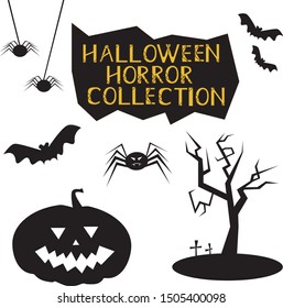 Vector set of open objects for halloween from bats, spider, scary tree, pumpkin, cemetery and graves. Black siluet on a white background
