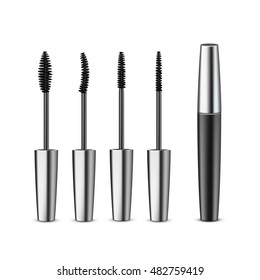 Vector Set of Opened Closed Black Realistic Mascara in Dark Metallic Shiny Tube with Different Brushes Isolated on White Background