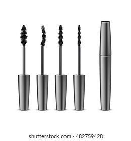 Vector Set of Opened Closed Black Realistic Mascara in Dark Shiny Tube with Different Brushes Isolated on White Background