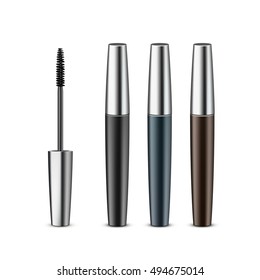 Vector Set of Opened Closed Black Realistic Mascara in Dark Blue Brown Shiny Tube Isolated on White Background