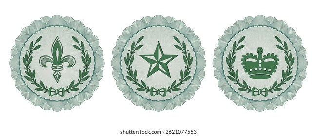 Conjunto vetorial de ícones guilhochês abertos ou selos. Coroa, coroa inglesa, estrela americana ou soviética e lírio francês estilístico. Coleção de emblemas ou emblemas.
