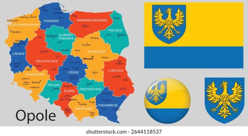 Vector set of Opolskie (Opole) Region with flag, coat of arms, and map. Ideal for educational, editorial, or Polish regional identity design projects.