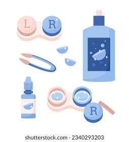 Vector set of optometry accessory for vision correction. Flat illustration of transparent contact lenses with containers, tweezer and bottle of liquid solution isolated on background