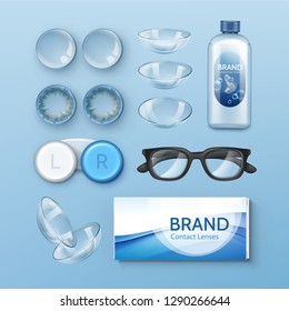 Vector set of optometry realistic accessory for vision. Illustration of glasses, transparent and colored contact lenses with box and solution in bottle isolated on background