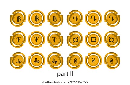 Juego de vectores de iconos o botones volumétricos financieros 3d anaranjados. Símbolos y signos de diferentes monedas del mundo. Baht, dram, tugrik, riyal y hryvnia. Fondo aislado blanco