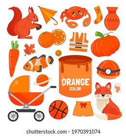 Vector set of orange color objects. Learn orange color. Illustration of primary colors.
