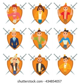 Vector set of orange frames in the shape of a shields with crossed swords and with cartoon images of modern princes with big eyes with a different hair color in the center on a white background. 