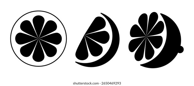 Vector set of orange fruit icons, including whole oranges, sliced segments, orange juice, and leaves. Perfect for food packaging, tropical designs, healthy and lifestyle infographics