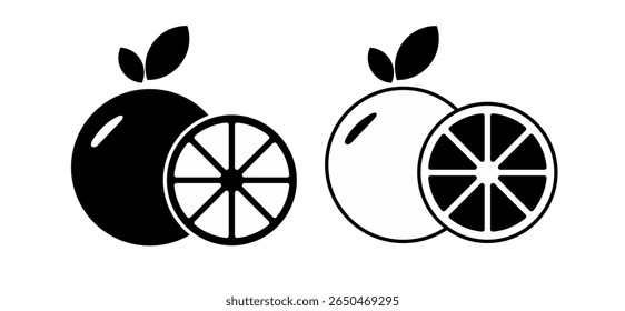 Conjunto vetorial de ícones de frutas laranja, incluindo laranjas inteiras, segmentos fatiados, suco de laranja e folhas. Perfeito para embalagens de alimentos, projetos tropicais, infográficos saudáveis e estilo de vida