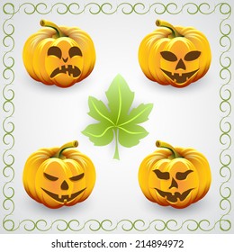 Vector set of  orange halloween pumpkins and green leaves