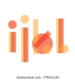 Vector set with orange letters I J K L in lowercase. Geometric font based on circles and rectangles, overlapping each other.