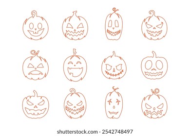 Conjunto de Vector de iconos de calabaza de Halloween de estilo de contorno naranja