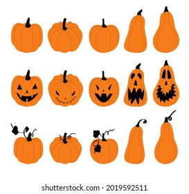 Vector set with orange pumpkin and jack o'lantern isolated on white background. Halloween set objects.