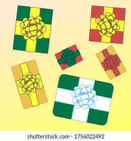 Vector set of orange, red, green, white and yellow gifts on yellow background. Holidays: Happy new year, Christmas, Birthday