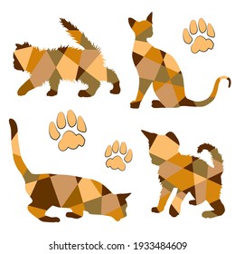 Vector pone siluetas geométricas de color naranja-marrón de gatos aislados en un fondo blanco