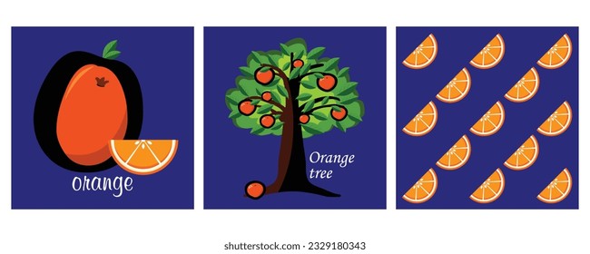 vector set of oranges with a complete fruit, sliced, tree  text and repeated fruit in background. useful for education or English learning.