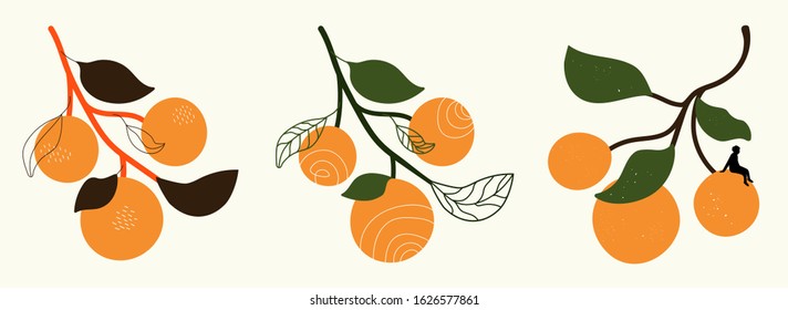 Vector set with oranges with leaves. Doodle elements, grunge dots, man silhouette