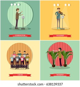 Vector set of orchestra concept posters. Conductor, Violinist, Choir and Trumpet design elements in flat style.