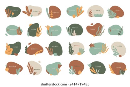Vector set of organic boho logos, minimal nature forms with leaves. Fluid shapes backgrounds, farm floral templates