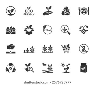 Vector set of organic farming flat icons. Contains icons eco friendly, chemical free, cultivate, soil testing, vegan, drought, organic fertilizer and more. Pixel perfect.