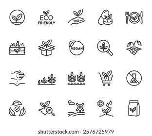 Vector set of organic farming line icons. Contains icons eco friendly, chemical free, cultivate, soil testing, vegan, drought, organic fertilizer and more. Pixel perfect.