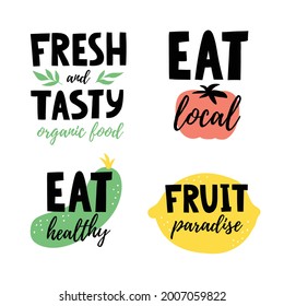 Vector set of organic food illustrations. Stylish lettering design in hand-drawn style. Organic logo isolated on white background.  