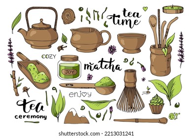 Vector set of organic matcha color doodle illustration. Green tea ceremony. Healthy drink