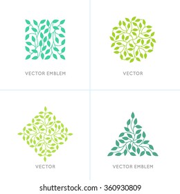 Vector set of organic and natural logo design templates - geometrical shapes made with leaves - green ecology signs and icons