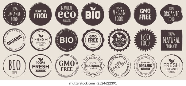 Vector set of organic product badges. Vegan food label. GMO-free. Food product label sticker icons. Vector illustration