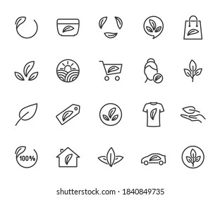 Vector Set Of Organic Product Line Icons. Contains Icons Eco, Natural, Organic Cosmetics, Food, Clothing, Housing, Eco Car, Bio Product And More. Pixel Perfect.