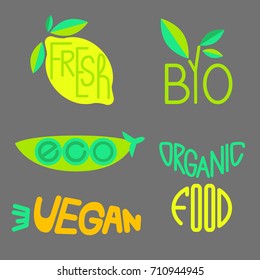 Vector set of organic products labels and badges - collection of different icons and illustrations related to fresh and healthy food 