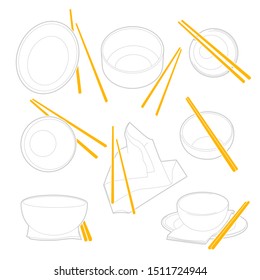 Vector set of oriental dishware with chopsticks. Blank bowls and dishes. Top and front views. Good for using in your logo or menu.