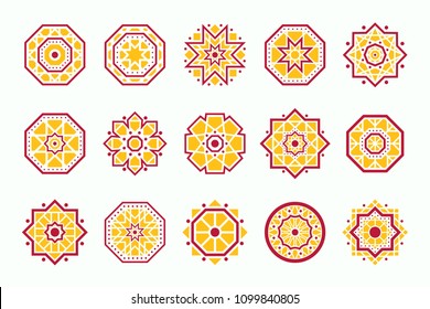 Vector set with oriental golden mandalas emblems. Asian mosaic geometric decorative elements isolated on white