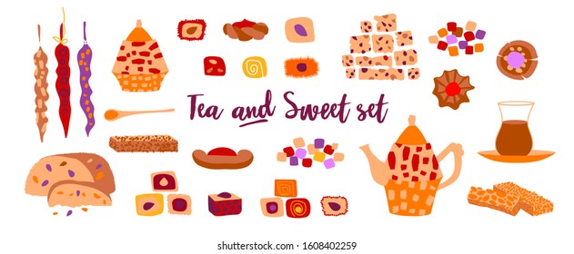 Vector set of oriental sweets and arabic tea party. Desing for a card or poster for a holiday invitation. Kettle, tea, hands and treats in cartoon flat style isolated on a white background.