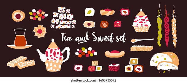 Vector set of oriental sweets and tea party. Items for design postcard or poster for a holiday invitation. Kettle, teaand treats in a cartoon flat style isolated on a dark background.