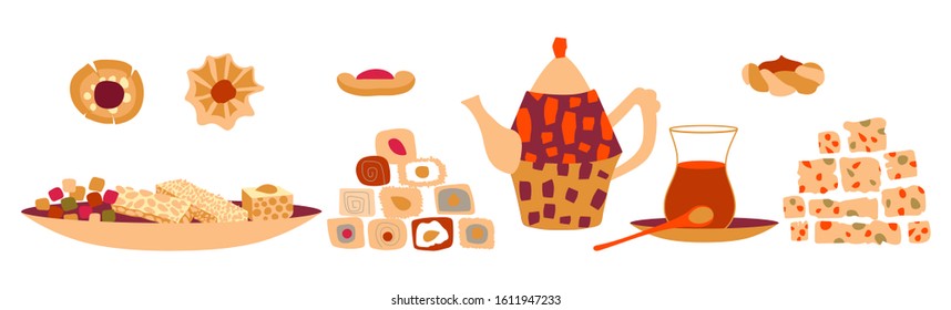 Vector set of oriental sweets and tea party. Items for design postcard or poster for a holiday invitation. Kettle, tea and sweets in a cartoon flat style isolated on a white background.