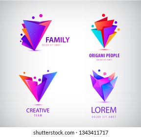 Vector set of origami 3d men men logos. Family concept, human, teamwork, people together icons collection