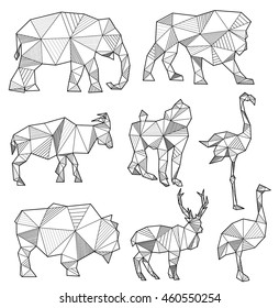 vector set of origami animal silhouettes (elephant, lion, goat, monkey, flamingo, bull, deer, ostrich)