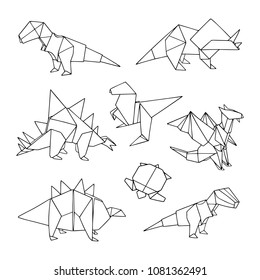 Vector set of origami animals: dinosaurs and a turtle. Lovely hand drawn illustration with outline. Black and white.