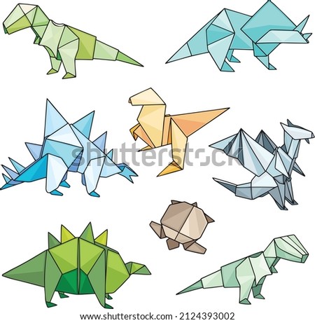Vector set of origami animals: dinosaurs and a turtle. Lovely hand drawn illustration with outline. Blue and green colors.