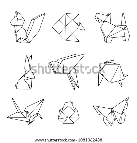 Vector set of origami animals. Lovely hand drawn illustration with outline. Black and white.