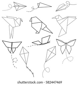 Vector set of origami birds, planes, butterflies and kites