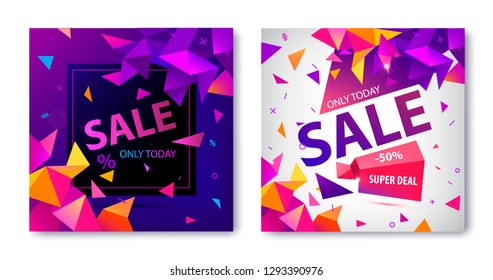 Vector set of origami geometric sale banners, cards, square posters. Facet 3d trendy style