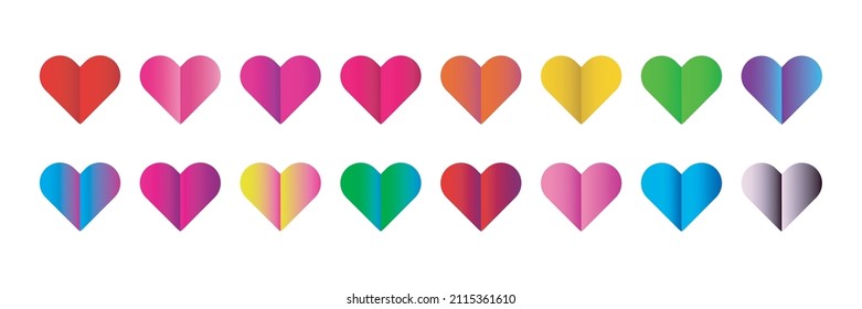 Vector set of origami hearts with different easy to change gradient colors on the white background. Concept of Valentine's Day.