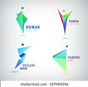 Vector set of origami man logos, human, men, sport and leader signs. Abstract stylized people body