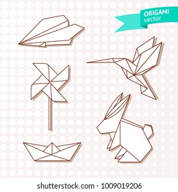 Vector Set of Origami Paper Toys.  Stylized Polygonal Paper Whirligig, Airplane, Boat, Hare and Bird